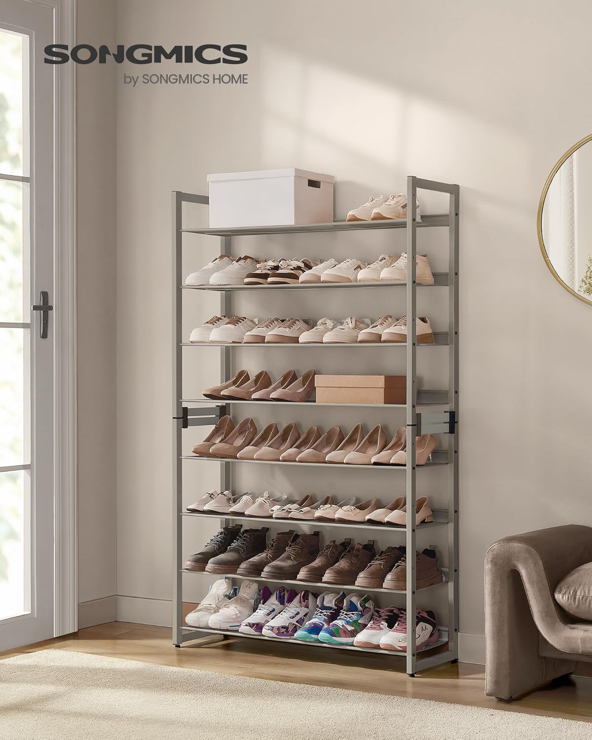 SONGMICS Shoe Rack, 8-Tier Shoe Organizer, Metal Rack for Garage, Set of 2, 4-Tier Stackable Shelf, with Adjustable Flat or Angled Shelves, 32-40 Pairs, Cappuccino Beige ULMR008L01