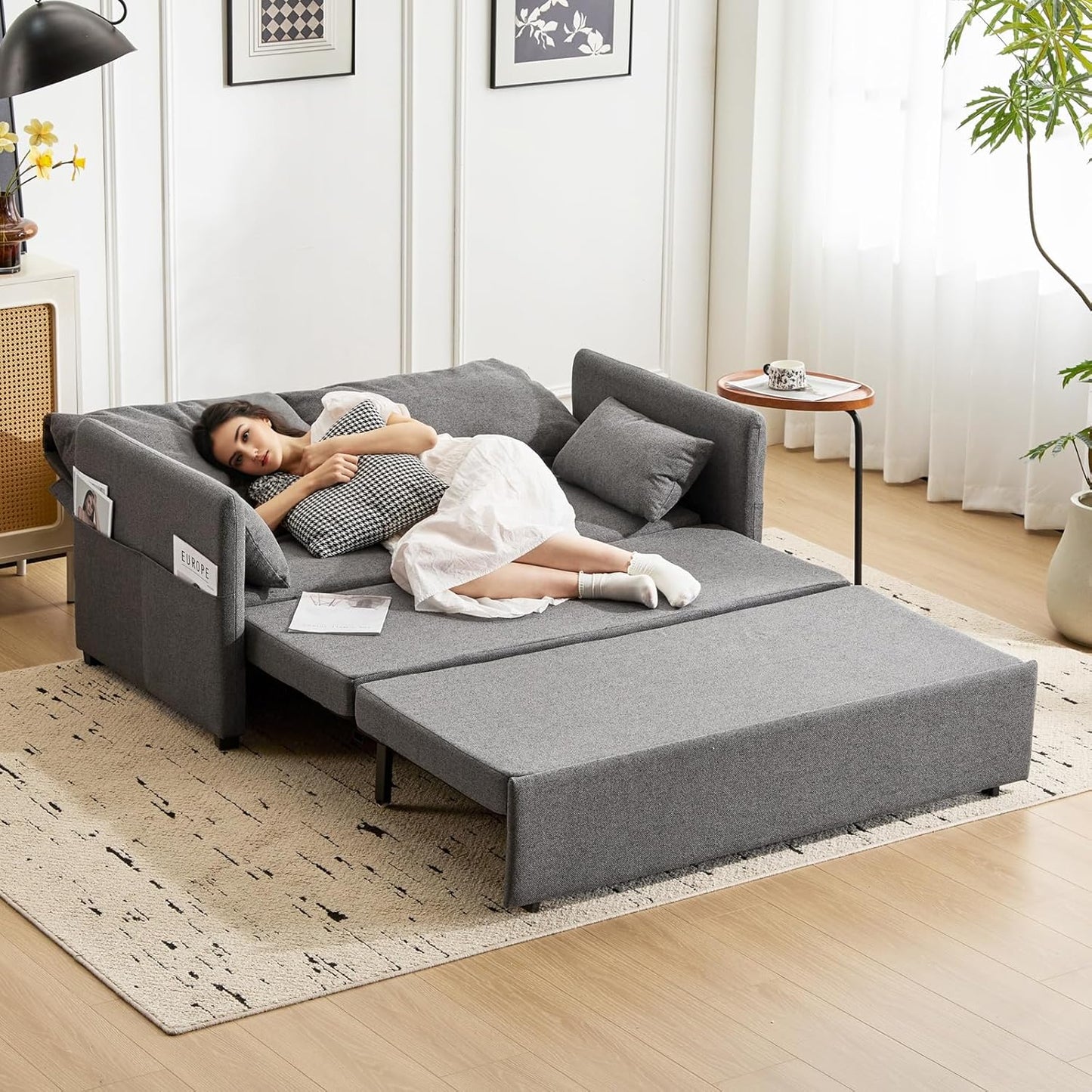 Furnimart 62" Queen Size Pull Out Sofa Bed, 3 in 1 Convertible Sleeper Bed with 6-Position Adjustable Backrest & Side Pockets, Modern Linen Loveseat Futon Couch for Living Room, Apartment, Dark Grey