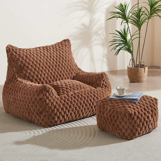 Bean Bag Chair with Ottoman - Modern Comfy Beanbag Sofa with Footrest, Soft Faux Fur Lounger Chair for Adults Teens, Cozy Memory Foam Filled Gaming Reading Chairs for Bedroom, Living Room (Brown)