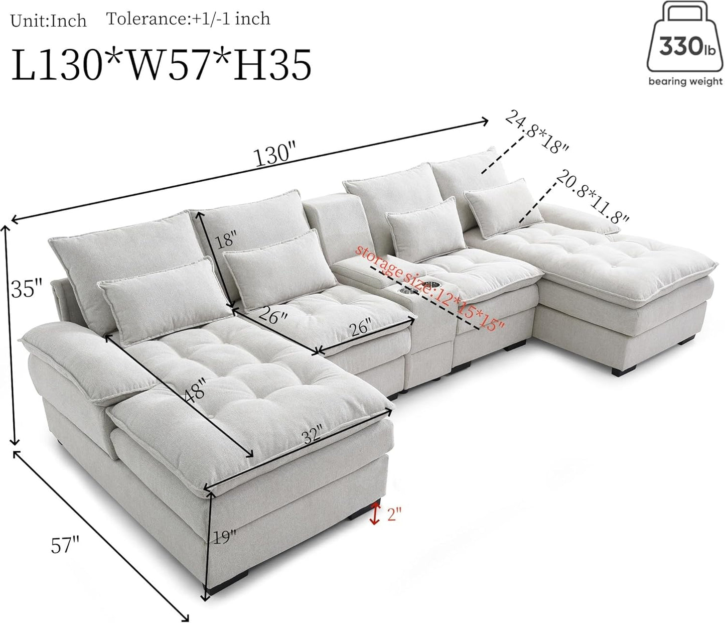 KEIKI 130" U-Shaped 6 seat Sofa with Storage Console, Cup Holders, Upholstered Sectional Sofa, Button Tufted Cloud Cushion Couch for Home, Office, Apartment, Beige