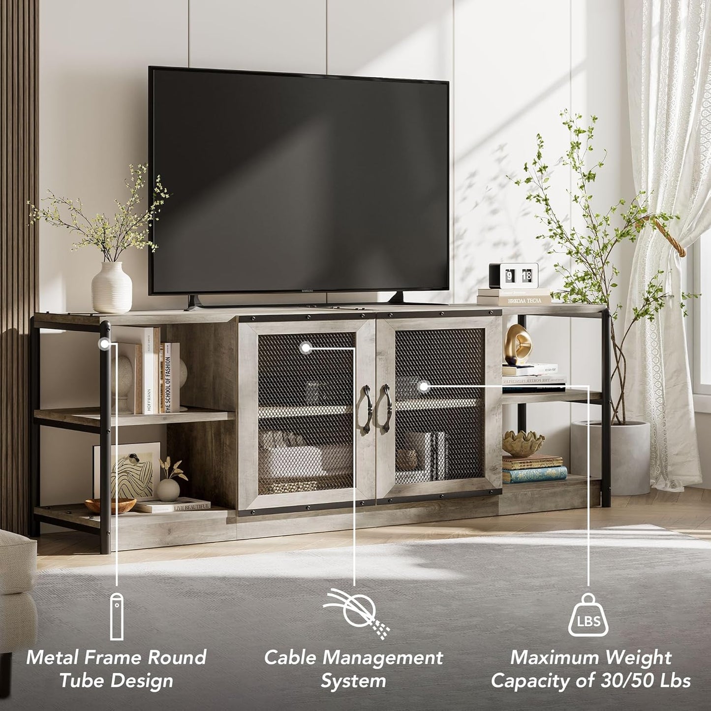 GarveeHome Farmhouse TV Stand for 75/80 Inch TVs, Entertainment Center with Storage Cabinet, 71'' Rustic TV Media Console Table, Furniture for Living Room, Grey