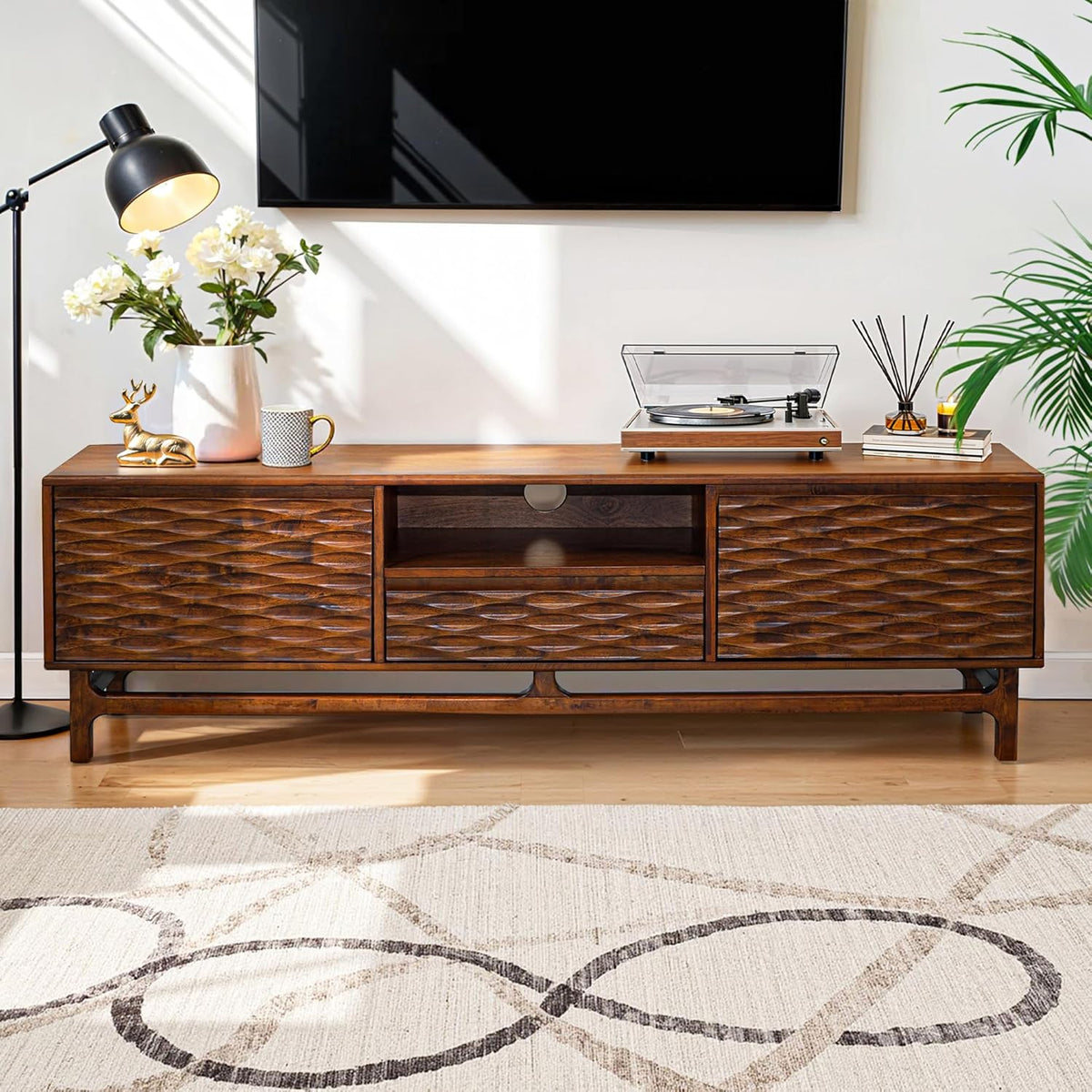 Acacia Elara Wood TV Stand for TVs up to 75+ Inch Entertainment Center with Storage Shelves and Cable Management, Mid Century Modern TV Media Console Wood TV Stands for Living Room Bedroom, Walnut