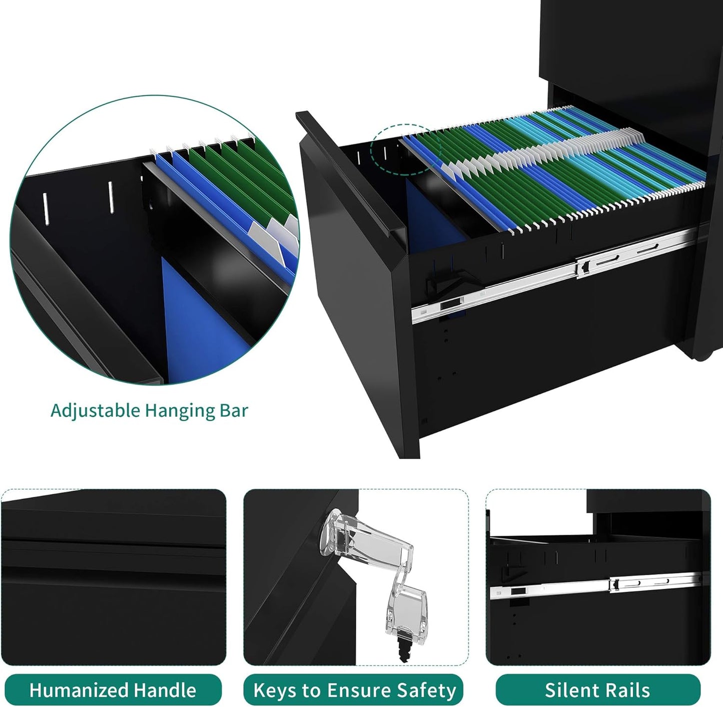 YITAHOME 3-Drawer Mobile File Cabinet with Lock, Office Storage Filing Cabinet for Legal/Letter Size, Pre-Assembled Metal File Cabinets Except Wheels Under Desk -Black