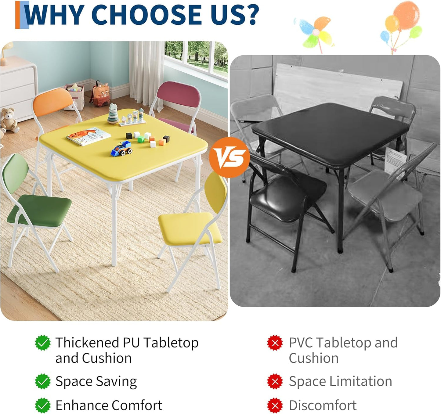 IDEALHOUSE 5 Piece Boys Girls Folding Table and Chairs Set, Activity Table and Chairs Set for Dining Room,Daycare,Classrooms
