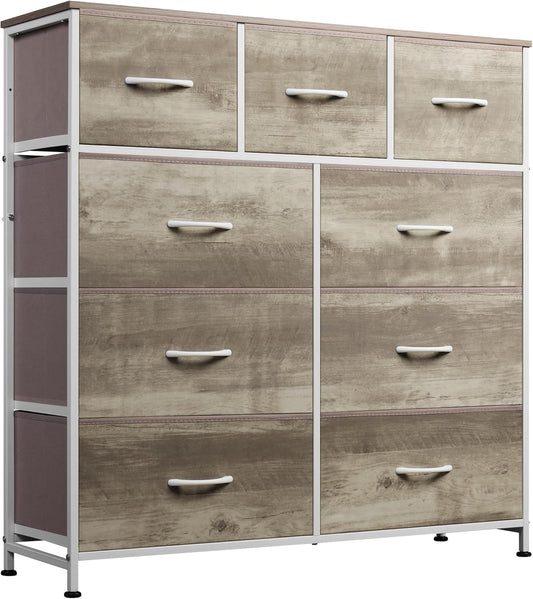 WLIVE 9-Drawer Dresser, Fabric Storage Tower for Bedroom, Hallway, Nursery, Closet, Tall Chest Organizer Unit with Fabric Bins, Steel Frame, Wood Top, Easy Pull Handle, Greige