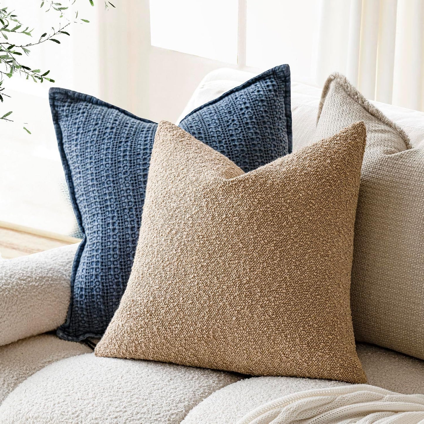 Foindtower Pack of 2, Decorative Textured Boucle Throw Pillow Covers Accent Solid Pillow Cases Cozy Soft Couch Cushion Case for Chair Sofa Bedroom Living Room Home Decor 22 x 22 Inch Taupe Khaki Camel