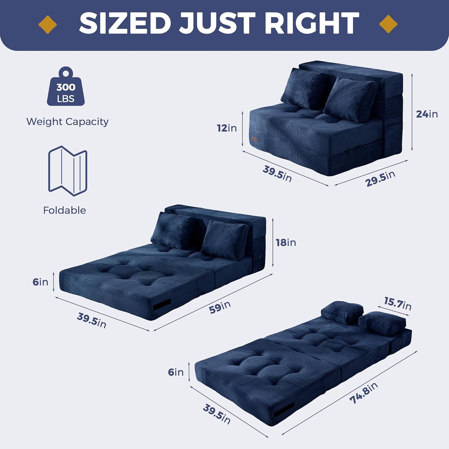 MAXYOYO Convertible Sofa Bed, Fold Out Loveseat Sleeper Sofa with Pillow, 4 in 1 Tufted Folding Couch Bed Foam Floor Couch, Lazy Chair for Living Room Bedroom Guest Room, Navy