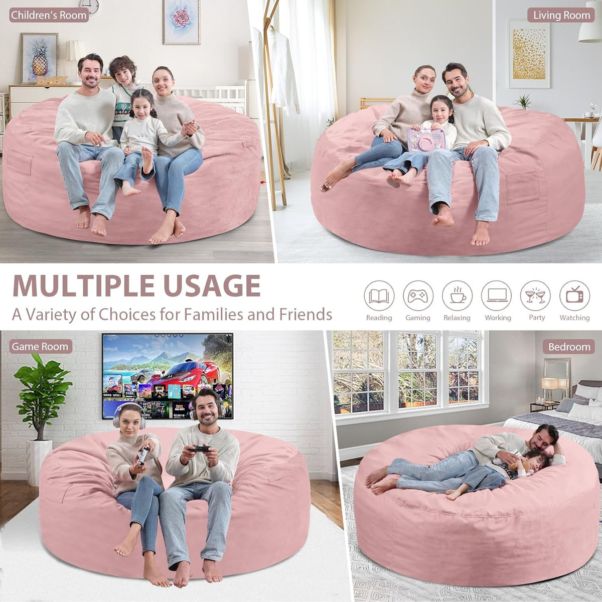 6FT Bean Bag Chair, Large Bean Bag Chairs with Memory Foam Filled, Fluffy Beanbag Sofa with Dutch Velvet Cover, Round BeanBag Chairs for Living Room, Playroom- Light Pink
