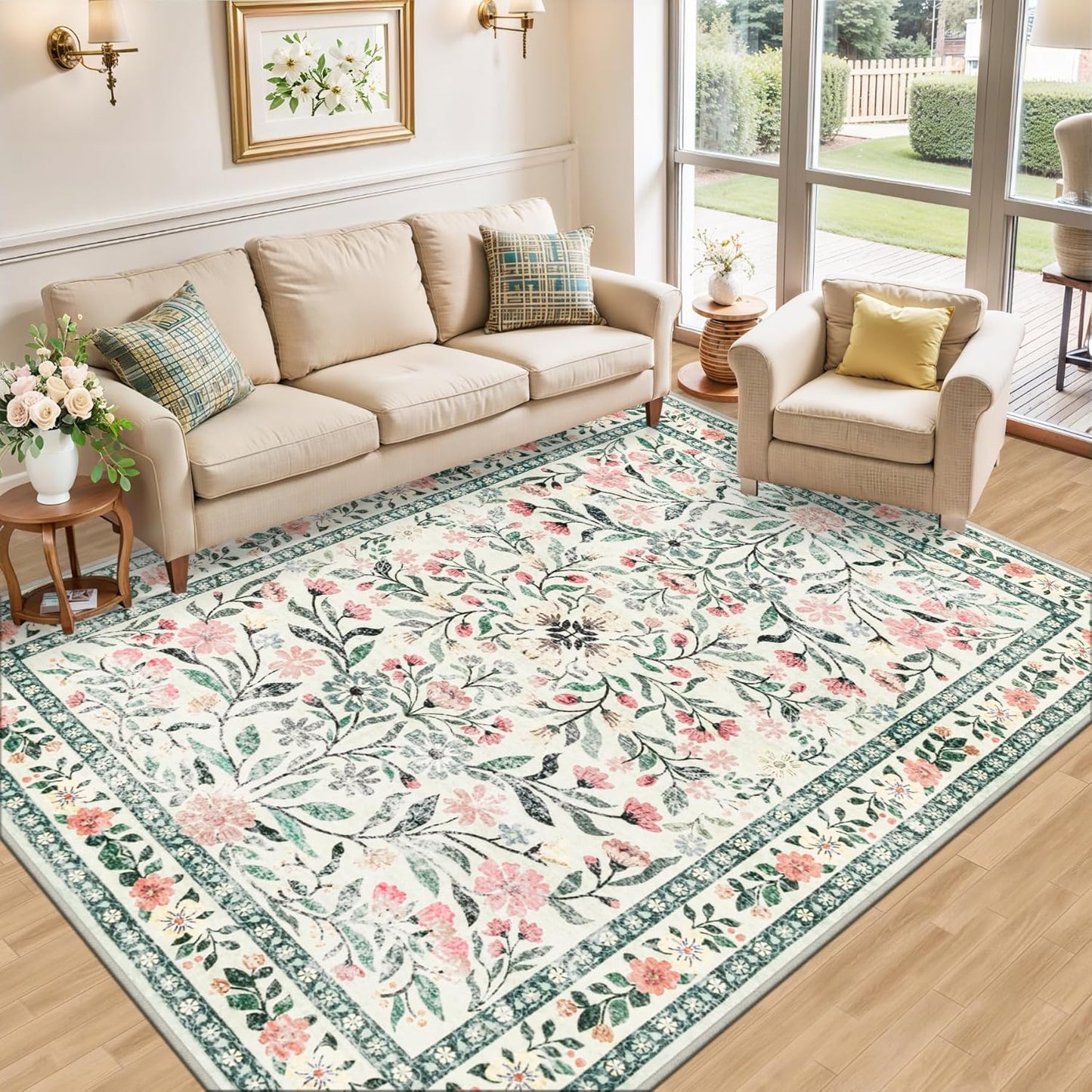 Area Rugs 9x12 Living Room: Floral Washable Rug Vintage Large Soft Boho Non-Slip Carpet Indoor Stain Resistant Low Pile Carpets for Bedroom Dining Room Farmhouse Nursery Home Office Green Beige