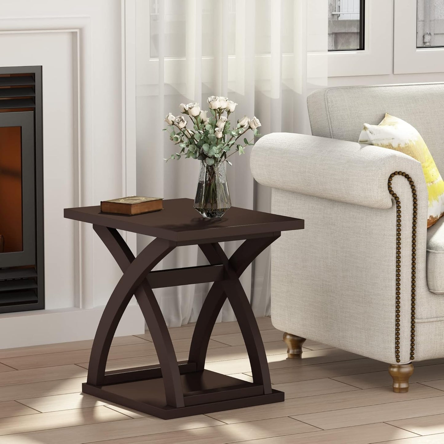 ChooChoo End Side Table Set of 2, Modern End Table with Storage Shelf, X-Design Side Table Living Room (Espresso)