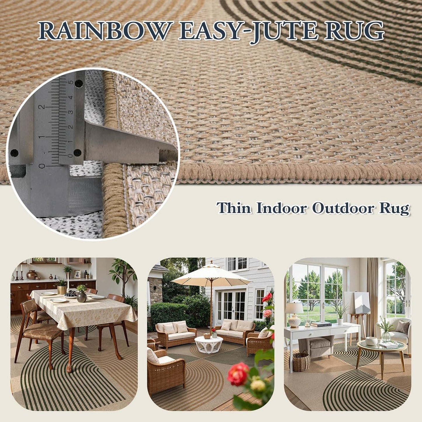 Lahome Modern Rainbow Outdoor Easy Jute Rug, Area Rugs 9x12 Living Room Patio Rug Large Farmhouse Indoor Outdoor Rugs, Contemporary Non Slip Dining Room Rugs for Under Table Sunroom