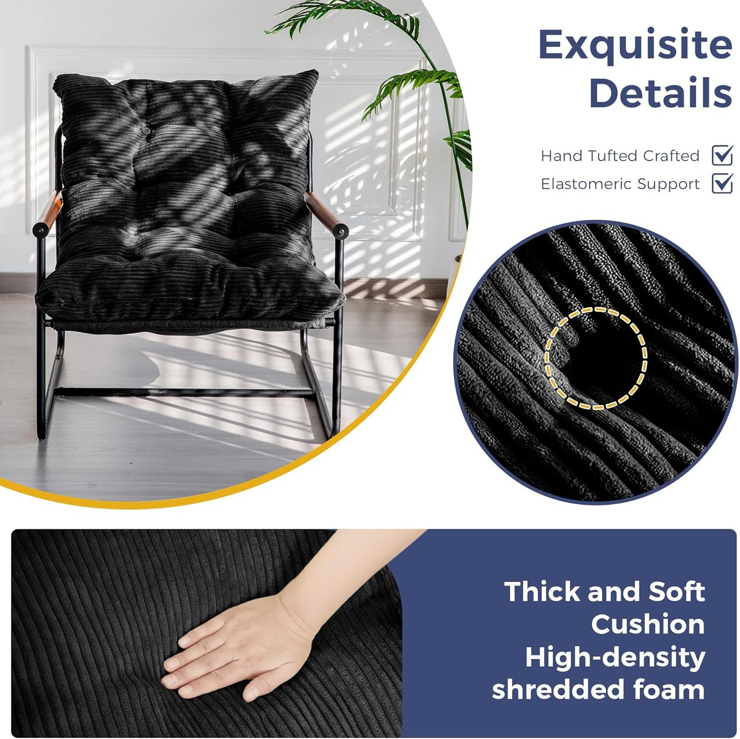 MAXYOYO Modern Accent Chair, Comfy Living Room Chair with Metal Frame Wooden Armrest, Upholstered Armchair with Soft Cushion for Bedroom Balcony Lounge Reading Room, Black