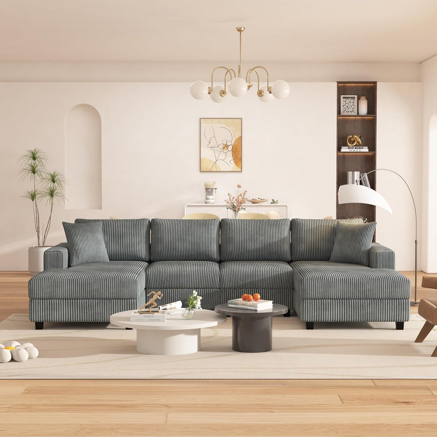 Eafurn Oversized Symmetrical U Shaped Modular Sectional Sofa with Double Chaise Lounge, Reversible Corduroy Upholstered Sofa Extra Wide Deep Seat Sleeper Sofas Couches w/ 2 Pillows