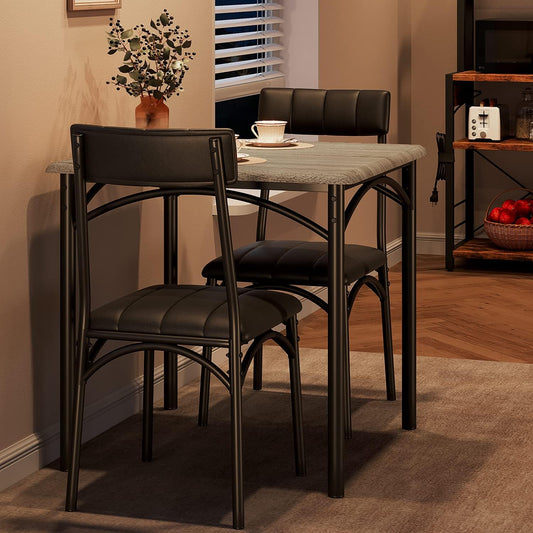 GarveeHome Dining Table Set for 2, Kitchen Table with 2 Upholstered Chairs, Wood Square Dining Table and Chairs Set for Small Space, Apartment, Dinner, Rustic Gray