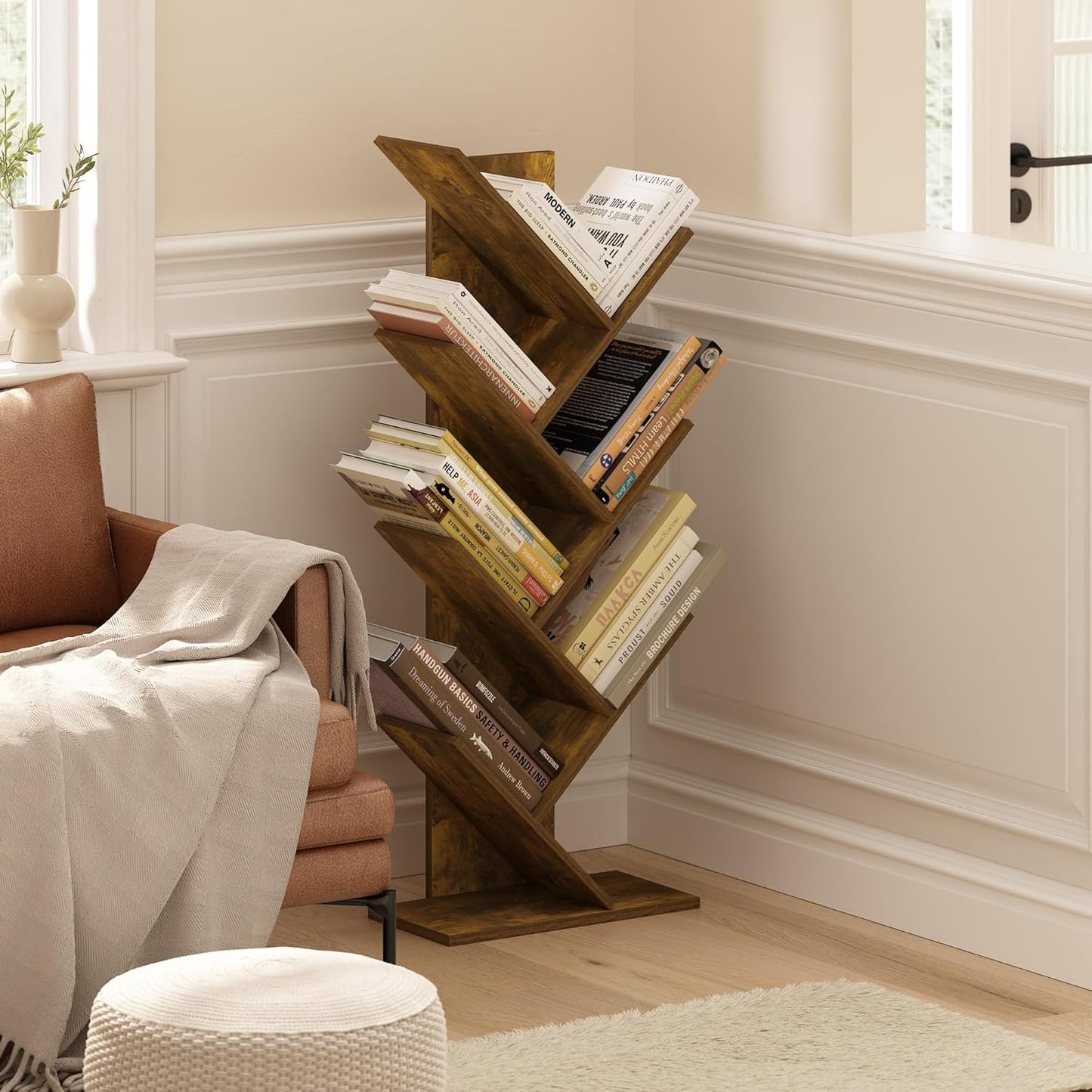 Furinno Tree Bookshelf 7-Tier Floor Standing Tree Bookcase, Amber Pine