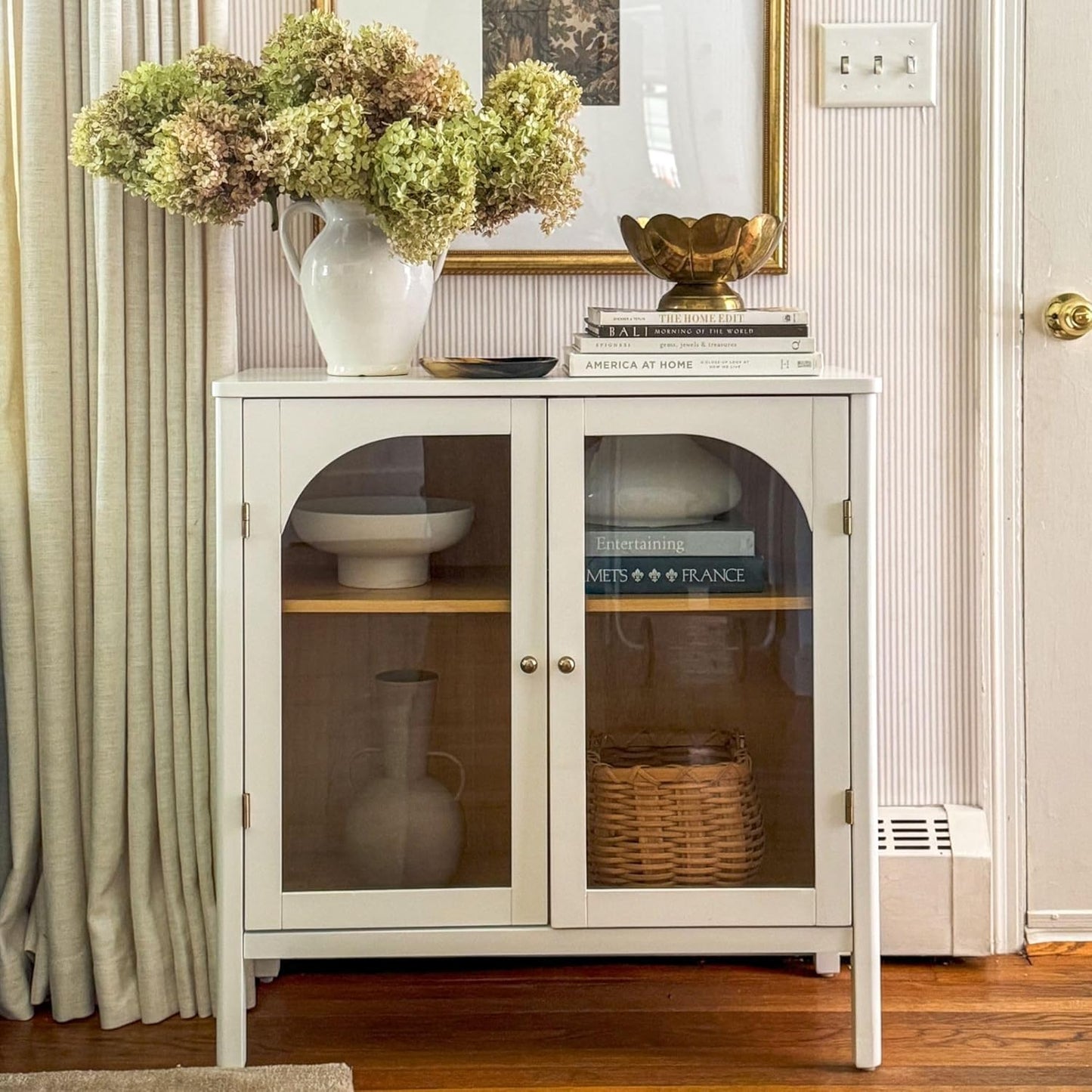 Nathan James Mason Wood Storage Cabinet Accent Sideboard Buffet Credenza TV Stand with Glass Doors and Adjustable Shelf for Dining Room, Entryway or Living Room, Clear Glass/White/Light Oak, Set of 3