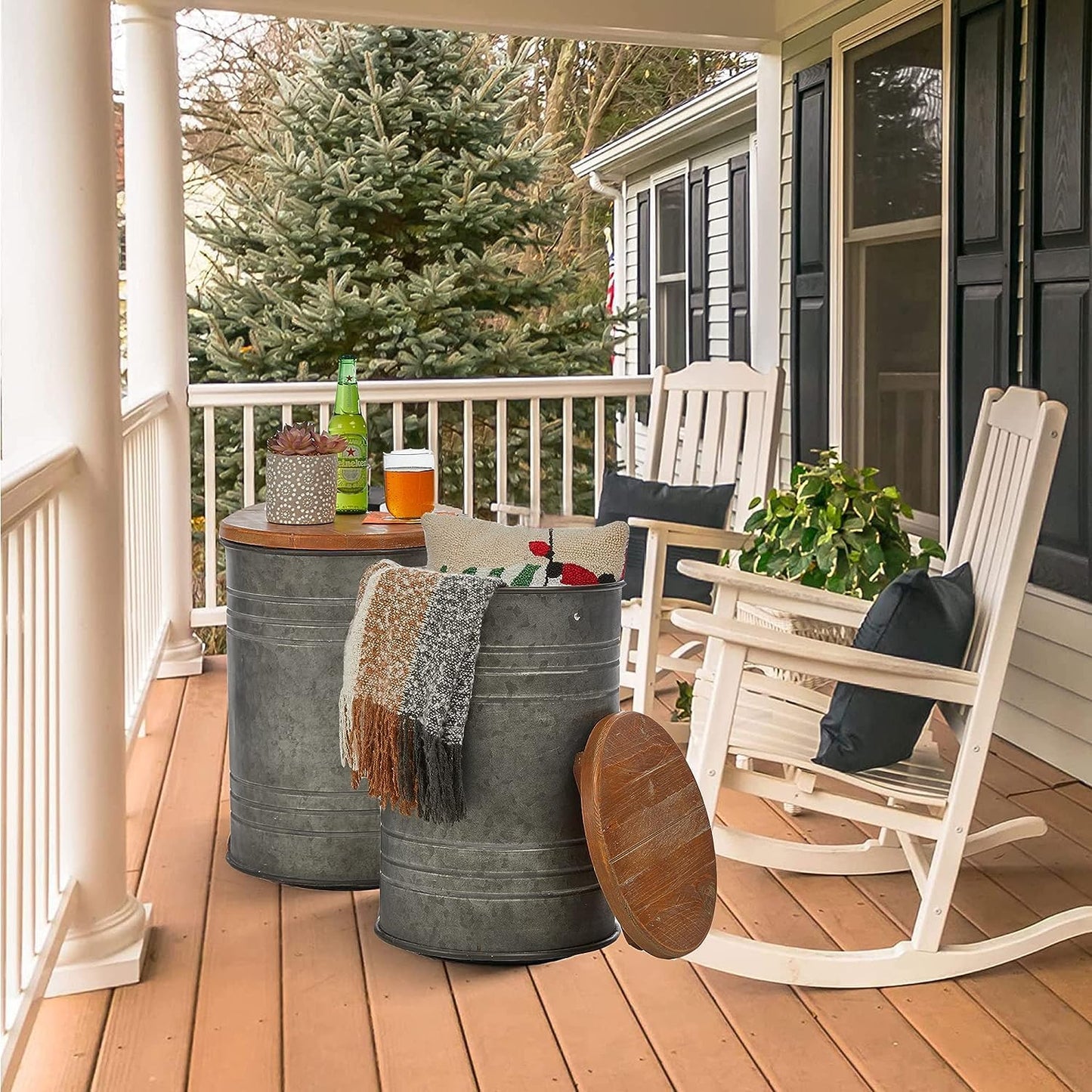Glitzhome Farmhouse Accent Side Table, Metal Storage Stool Ottoman with Round Lid - Galvanized Coffee Cocktail End Tables Set of 2 for Living Room Bedroom, Grey