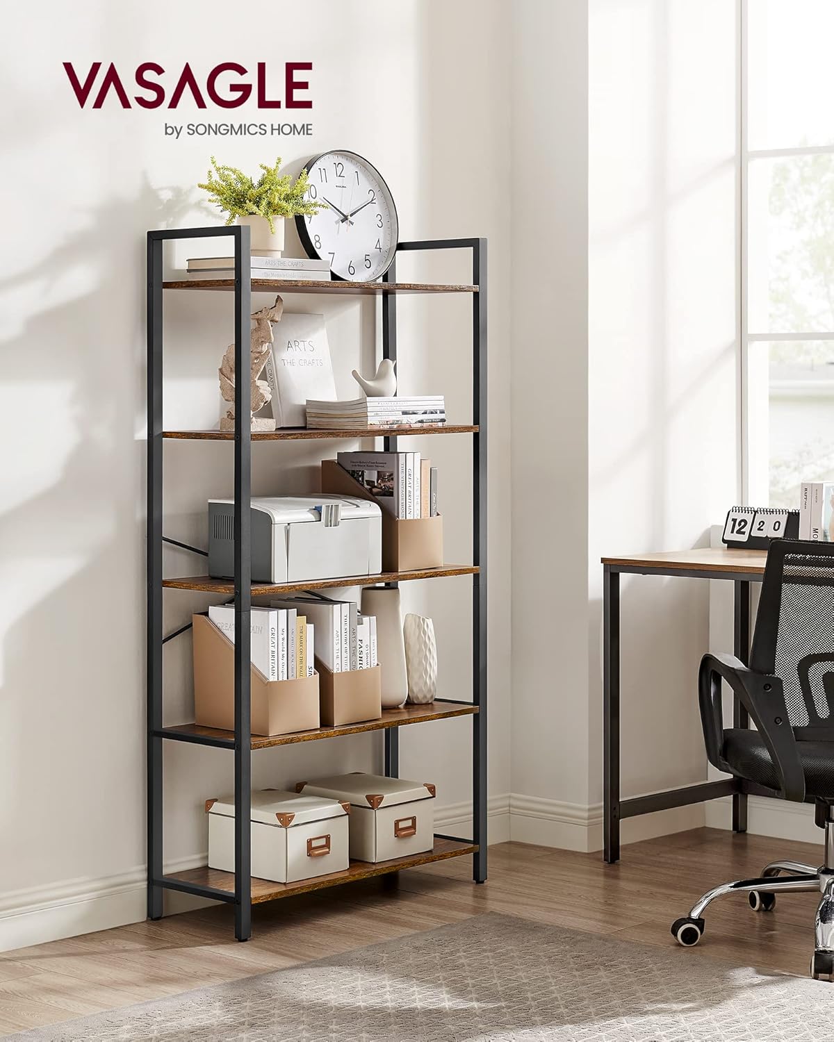 VASAGLE 5-Tier Bookshelf, Bookcase with Steel Frame, Book Shelf for Living Room, Home Office, Study, 11.8 x 26 x 60.2 Inches, Industrial Style, Rustic Brown and Ink Black ULLS061B01