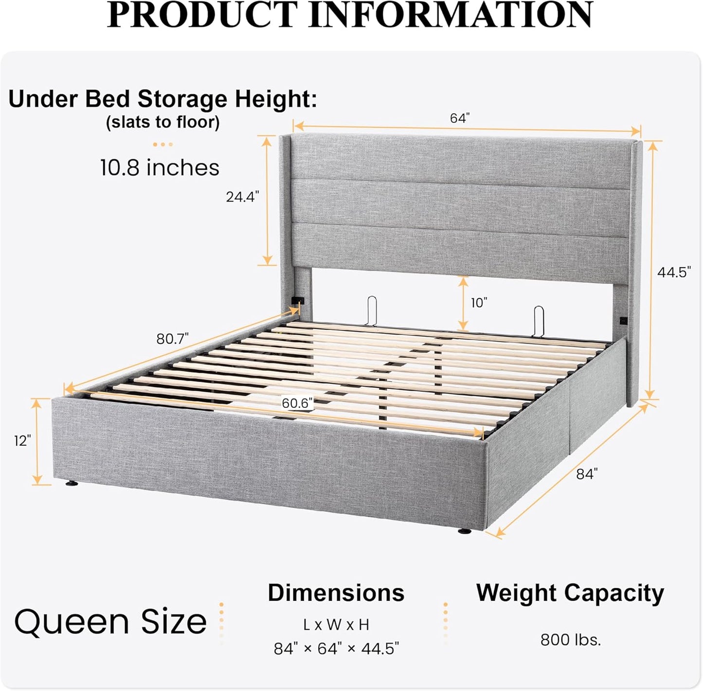 SHA CERLIN Queen Size Lift Up Storage Bed/Modern Wingback Headboard/Upholstered Platform Bed Frame/Hydraulic Storage/No Box Spring Needed/Wood Slats Support/Light Grey