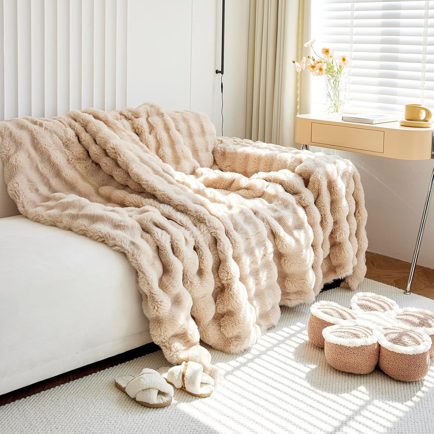 Thick Faux Rabbit Fur Couch Cover 1-Piece Non-Slip Warm Soft Cozy Sofa Covers,Fluffy Plush Sofa Slipcover Furniture Protector for Kids,Pets(Khaki,71" x 118")