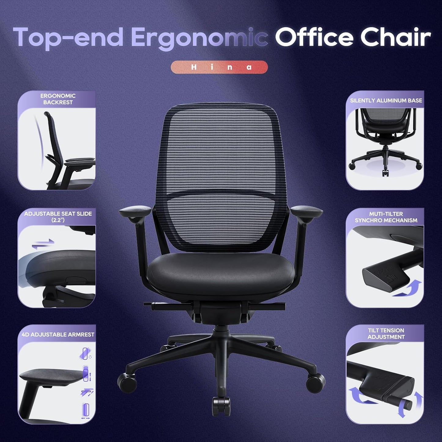 Ergonomic Office Chair Without Headrest, Genuine Leather Seat, Adjustable Seat Depth, 4D Armrests, Aluminum Alloy Base, Mesh Back, High-End Executive Desk Chair Black (Obsidian Black)