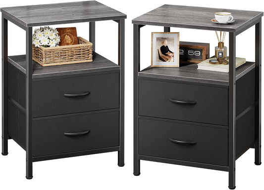 Huuger Night Stand Set of 2, Nightstand with 2 Drawers, Bed Side Table with Open Shelf, Wooden Top, End Table, Fabric Drawer, for Bedroom, Grey