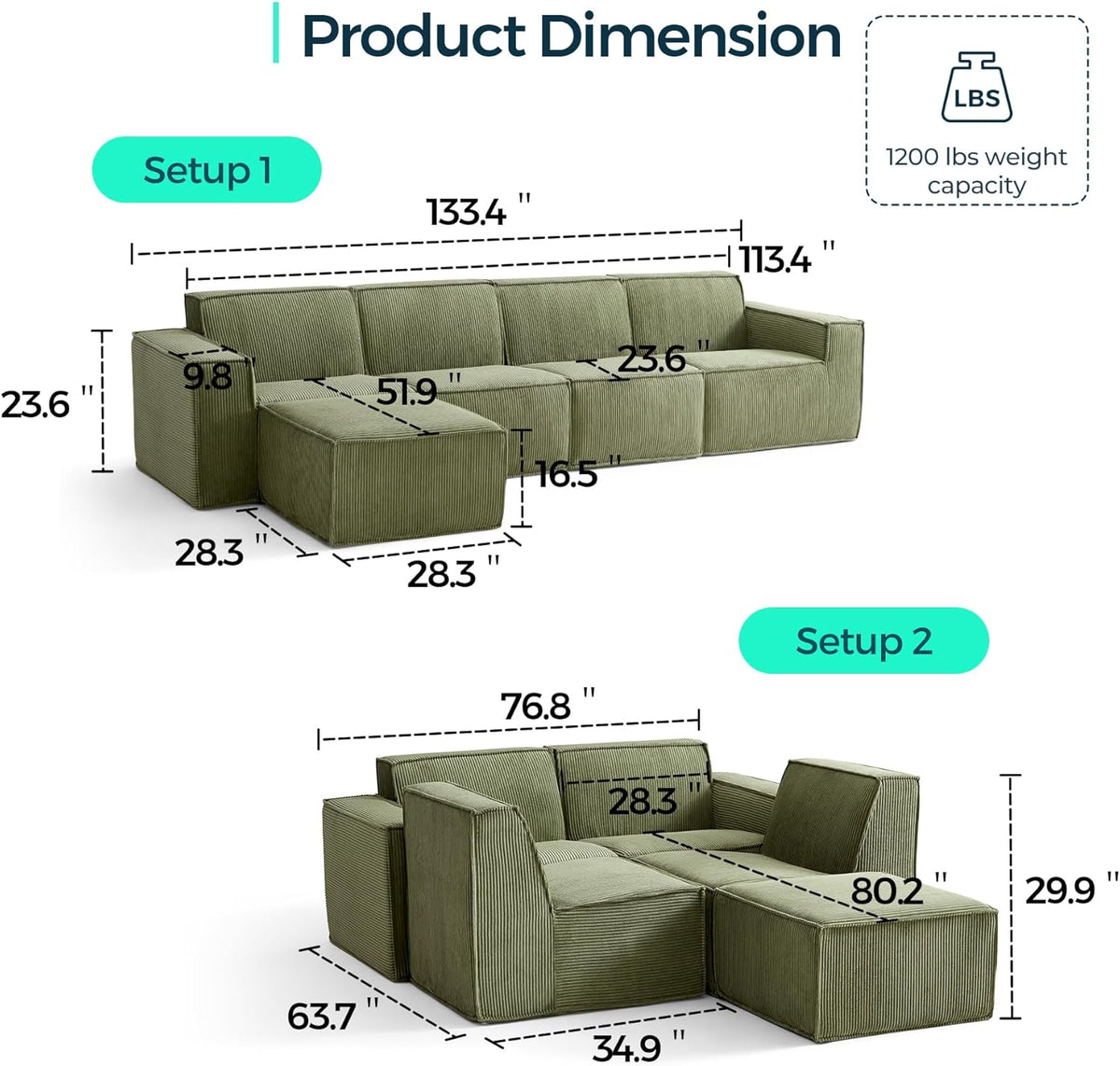 LINSY HOME Modular Sectional Sofa, 134" Boneless Couch L Shaped 4-Seat Sofa with Movable Ottoman, Corduroy Sectional Cloud Couches for Living Room, No Assembly Required, Green