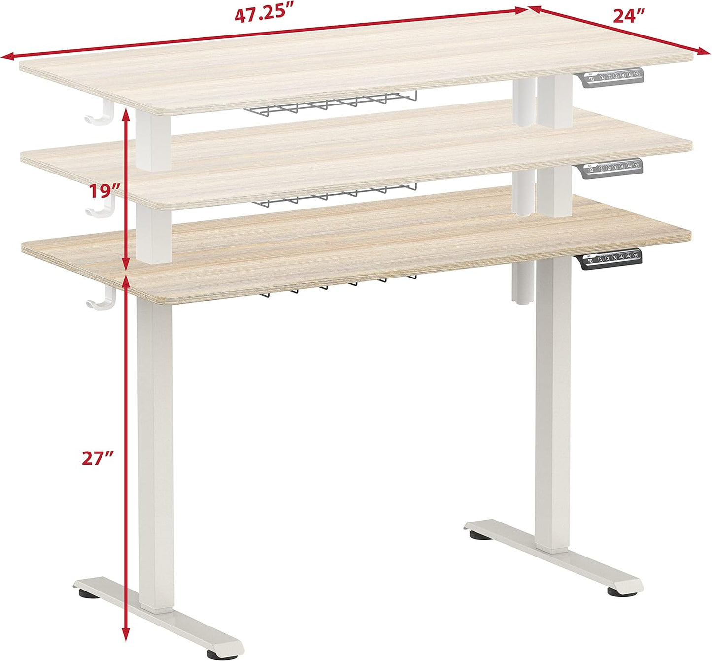 SHW 48-Inch Electric Height Adjustable Sit to Stand Desk with Hanging Hooks and Cable Management, White Frame and Maple Top