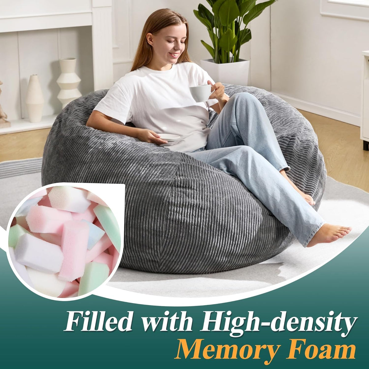 3.5FT Bean Bag Chairs Teardrop Bean Bag Chair for Adults Beanbag Chair with Memory Foam Filled Machine Washable Cover for Living Room, Bedroom (Large,Grey)