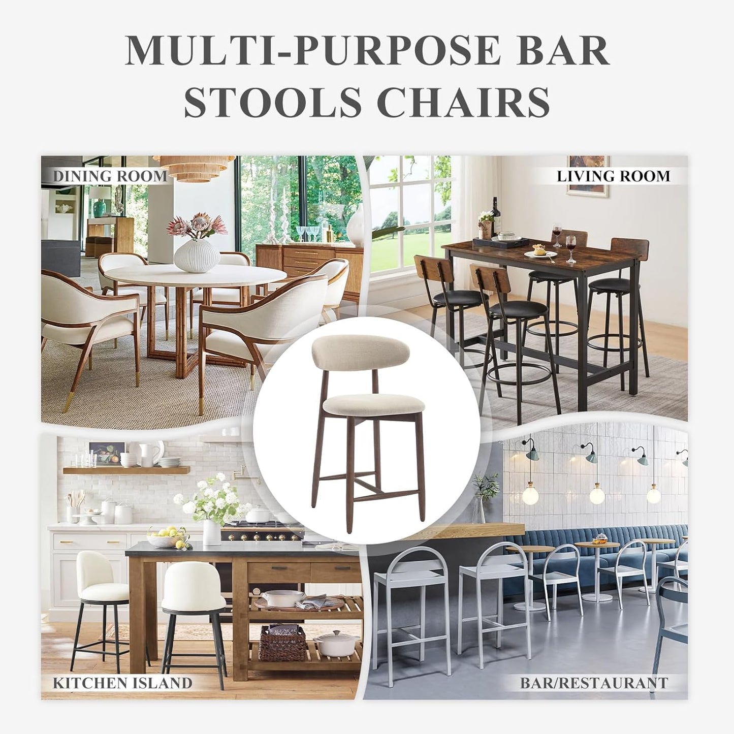 COLAMY Counter Height Bar Stools Set of 4, Kitchen Bar Stools with Back, Mid Century Modern Upholstered, with Wood Legs for Kitchen Island Dining Room, Beige