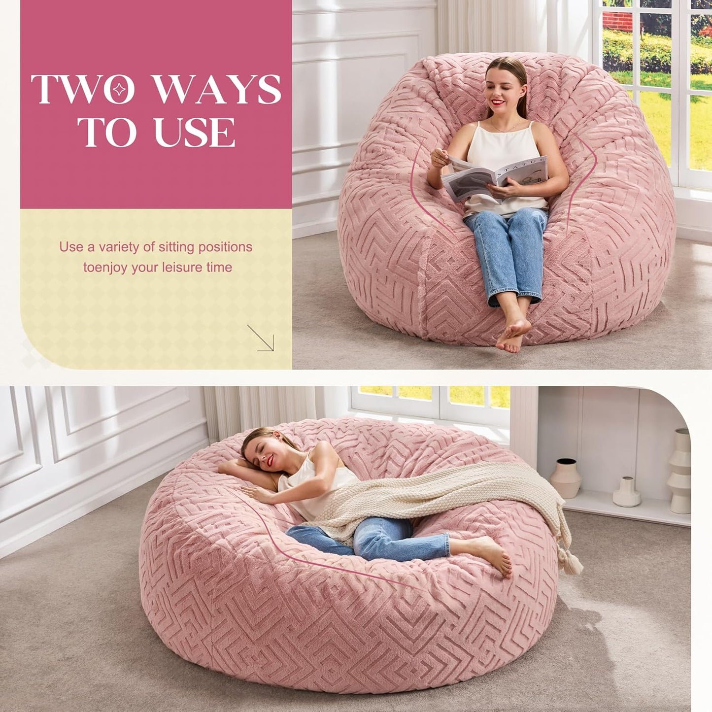 Hobestluk Bean Bag Chairs Adults Beanbag Chair with Filler Large Bean Bags with Fluffy Embossed Cover, Giant Bean Bag Chairs for Adults (Pink, 6FT - 70" x 70" x 15")