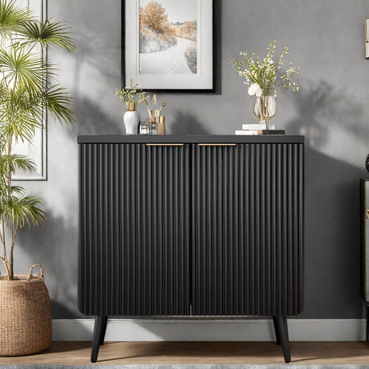 Buffet Cabinet, Sideboard Fluted Cabinet Modern Kitchen Buffet Storage Cabinets with Doors and Shelves, Wood Farmhouse Coffee Bar Station for Entryway & Dining Room & Living Room, Black