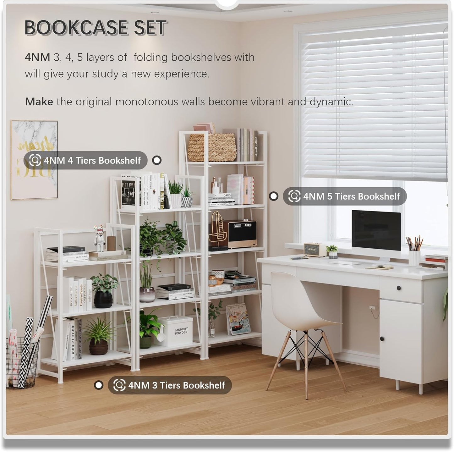 4NM No-Assembly Folding Bookshelf Storage Shelves 3 Tiers Vintage Bookcase Standing Racks Study Organizer Home Office (All White)