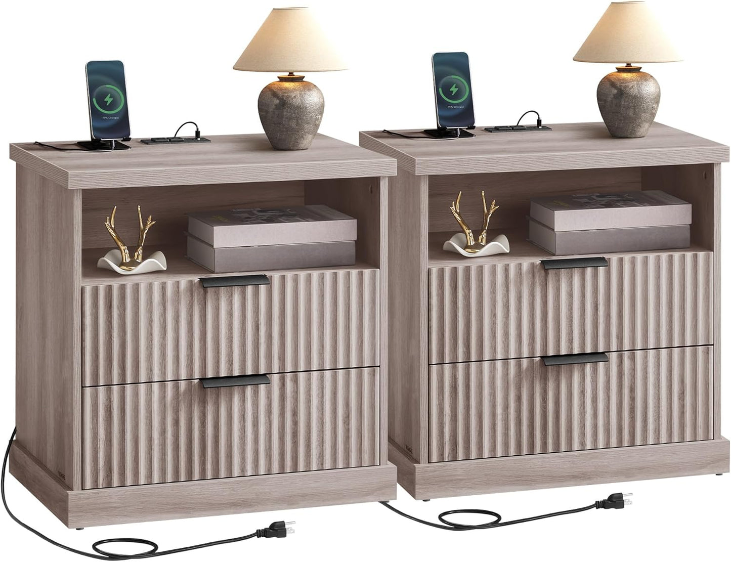 VASAGLE MAXE Collection - Set of 2 Nightstands with Charging Station, Bedside Table, Side End Table with 2 Drawers, Open Shelf, 2 AC Outlets, 2 USB Ports, Transitional, Bedroom, Washed Gray ULET926G01