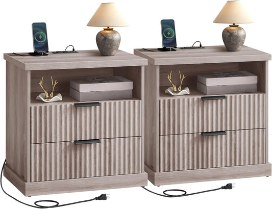 VASAGLE MAXE Collection - Set of 2 Nightstands with Charging Station, Bedside Table, Side End Table with 2 Drawers, Open Shelf, 2 AC Outlets, 2 USB Ports, Transitional, Bedroom, Washed Gray ULET926G01