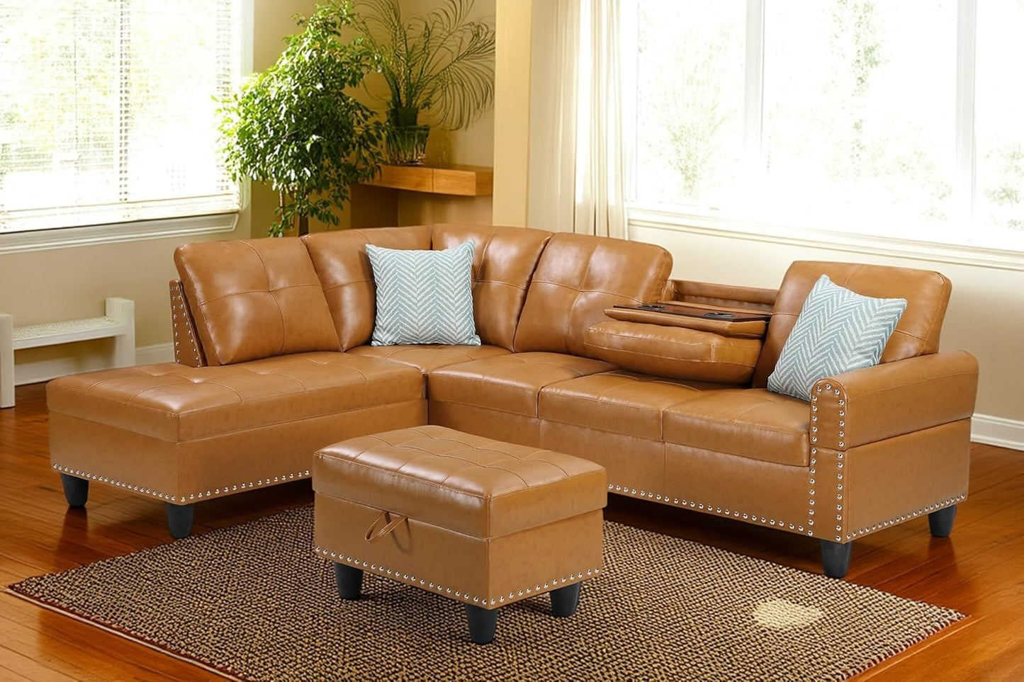 98 Inch L Shaped Sectional Sofa with Chaise Lounge, Storage Ottoman and 2 Pillows, 4-Seaters Faux Leather Upholstered Tufted Couch w/Cupholder & Nailhead Trim for Living Room, Office, Ginger