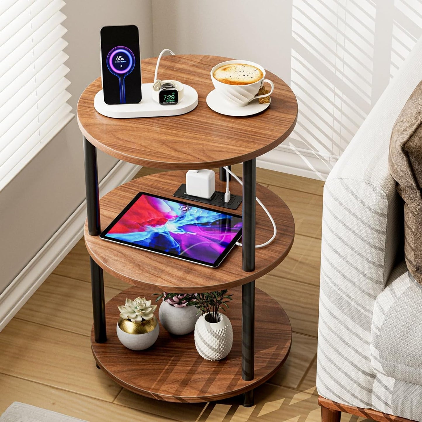 Small Round End Table - 3 Tier Design Accent Table, Narrow Side or Bedside Stand, Industrial Vintage Table for Small Spaces, Built-in USB Ports and Power Outlet, Rustic Walnut