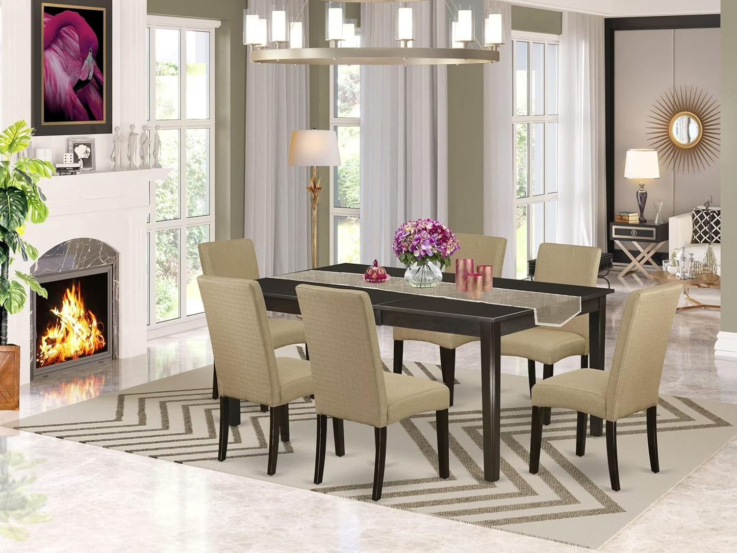 East West Furniture HEDR7-CAP-03 7 Piece Kitchen Table & Chairs Set Consist of a Rectangle Dining Table with Pedestal and 6 Brown Linen Fabric Parson Chairs, 42x72 Inch, Cappuccino