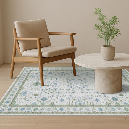 Blue and Green Washable Rugs for Living Room - 4x8 Vintage Boho Floral Pastel Cream, Washable Low Pile Non Slip Area Rug for Bedroom Beside Bed, Door Mat Indoor Entrance, Kitchen, Decor