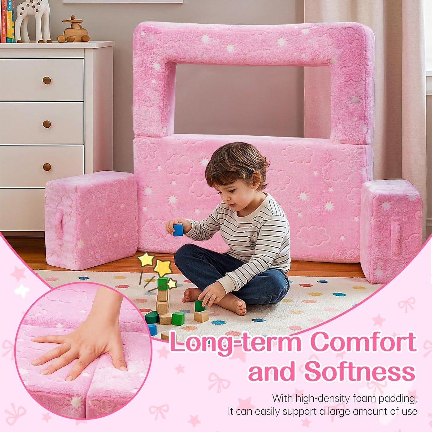 Lamerge Toddler Couch Glow in The Dark Toddler Fold Out Couch for playroom, Convertible Baby Fold Out Play Foam and Floor Cushion for Bedroom (Pink+Clouds)