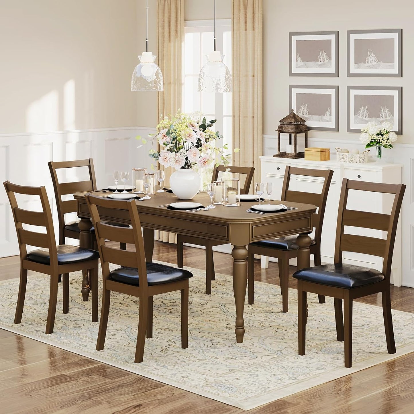 COLAMY Upholstered Dining Chairs Set of 6, PU Leather Ladder High Back Dining Room Kitchen Side Chair with Adjustable Foot Pegs, Dark Brown