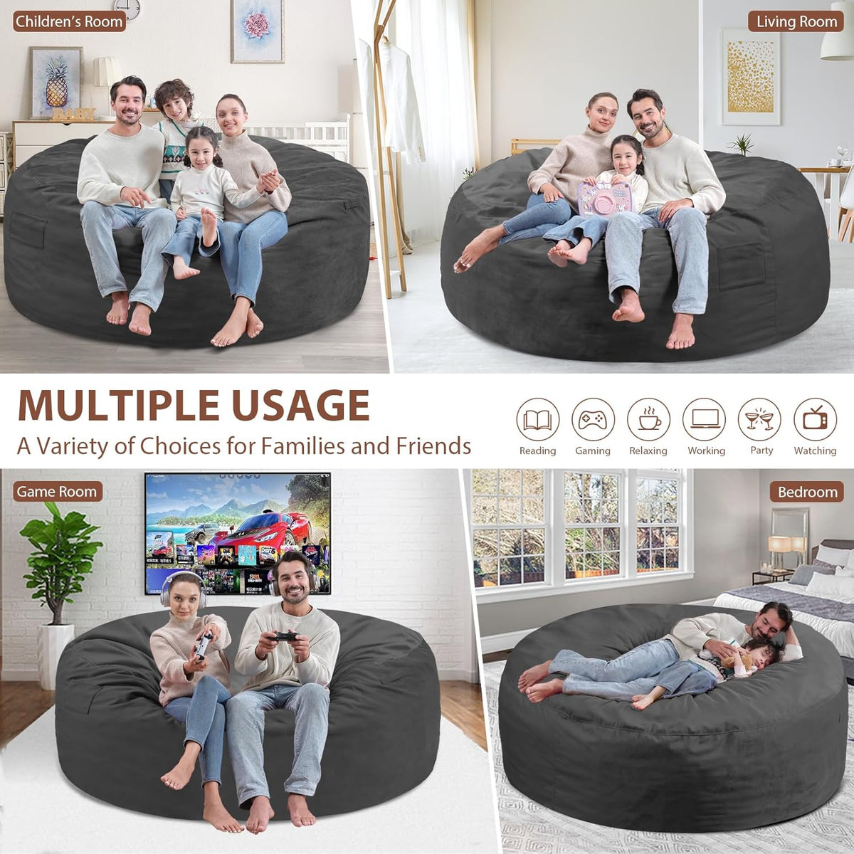 6FT Bean Bag Chair, Large Bean Bag Chairs with Memory Foam Filled, Fluffy Beanbag Sofa with Dutch Velvet Cover, Round BeanBag Chairs for Living Room, Playroom - Grey