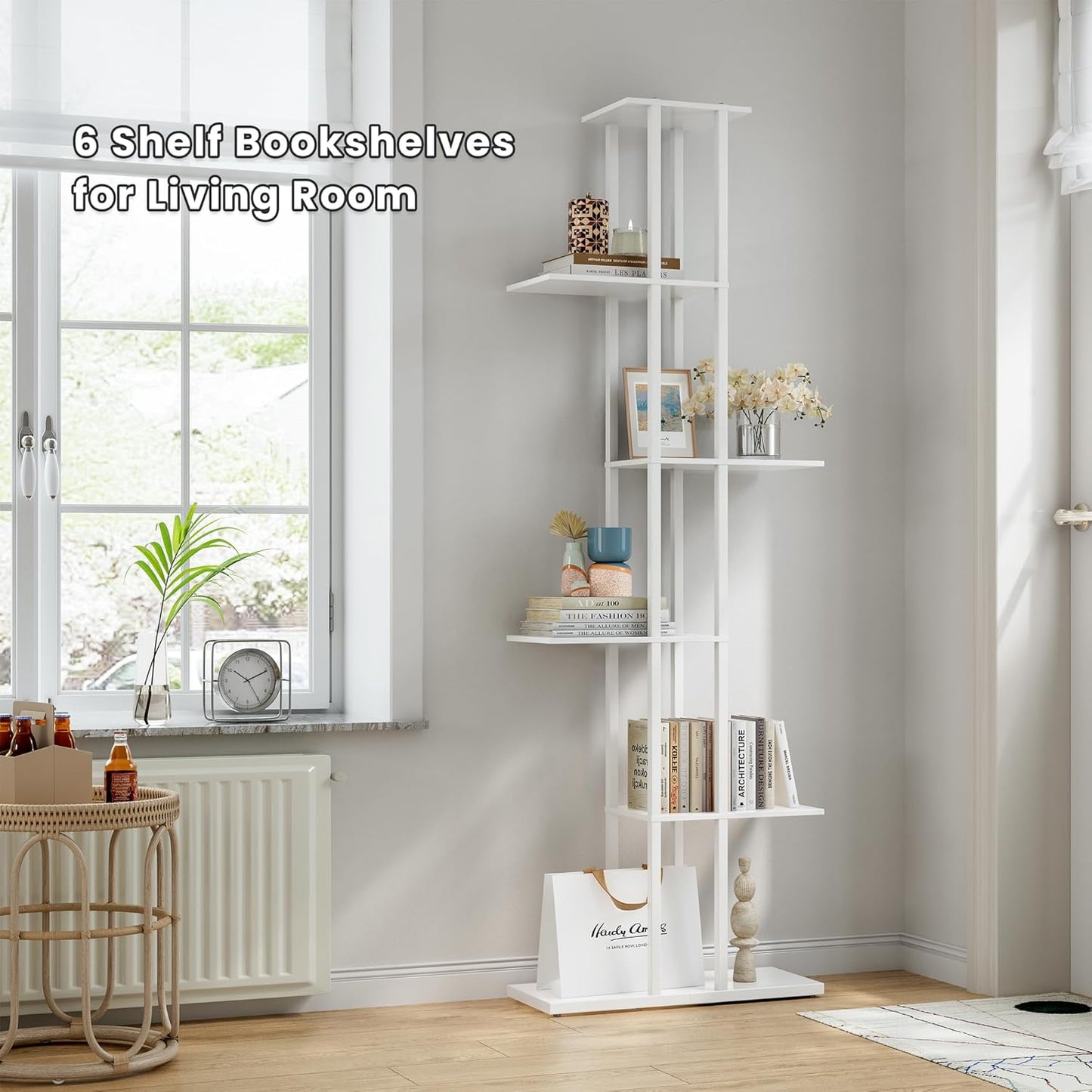 Bookshelf，Small Bookcase for Small Space，6-Tier Bookshelf for Living Room, Home Office, Study，9.45 x 20.8 x 62.2 Inches,White