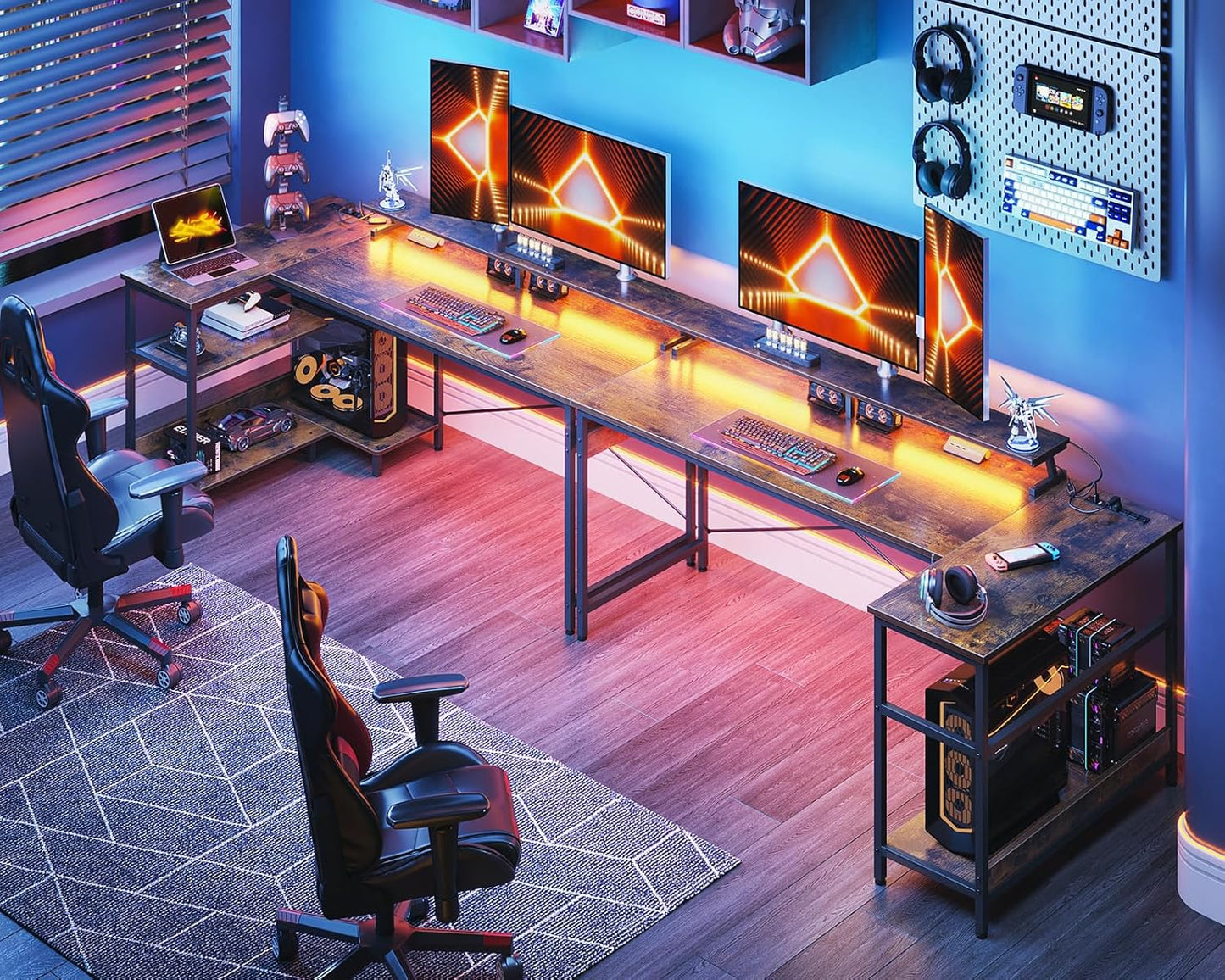 ODK 66 Inch Gaming Desk with USB Charging Ports and LED Lights, Reversible L Shaped Computer Desk with Storage Shelves & Monitor Stand, Home Office Desk Table with Power Outlets, Vintage
