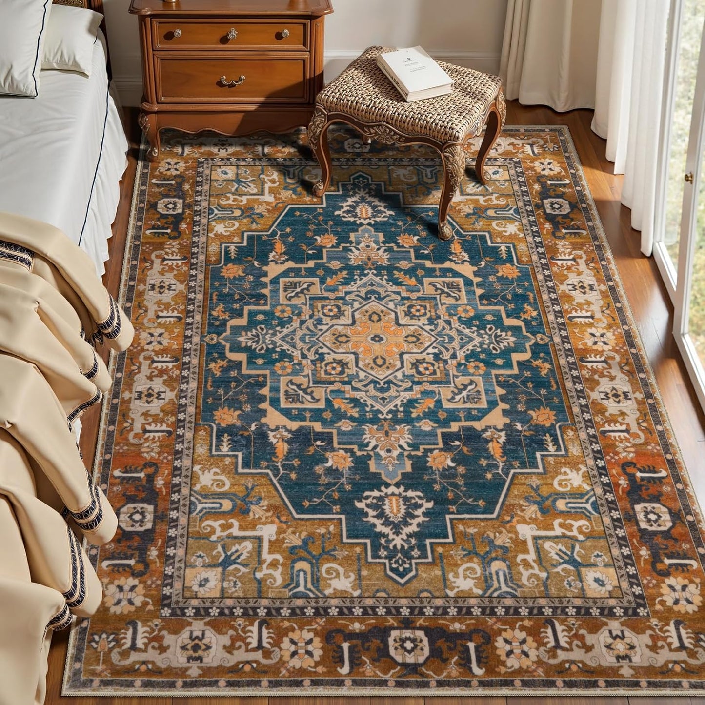 Tangsoo 4x6 Washable Rug Vintage Non Slip Indoor, Distressed Carpet for Living Room, Dining Room, Soft Low Pile Rugs Foldable Floor for Bedroom Dorm Bedside Bathroom Indigo Ochre