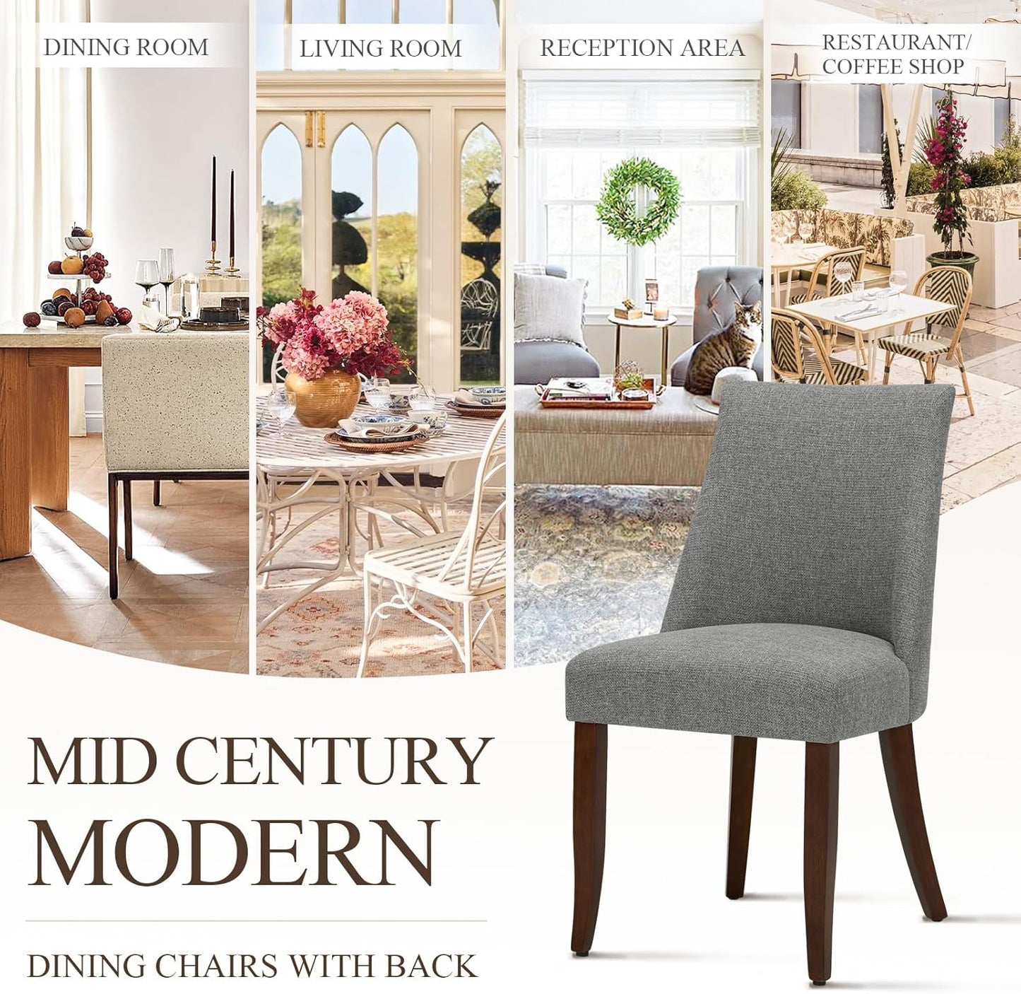 COLAMY Upholstered Dining Chairs Set of 4, Mid Century Modern Kitchen Chairs with Back, Farmhouse Fabric Side Dining Room Chairs with Wood Legs for Dining Room Restaurant, Light Grey