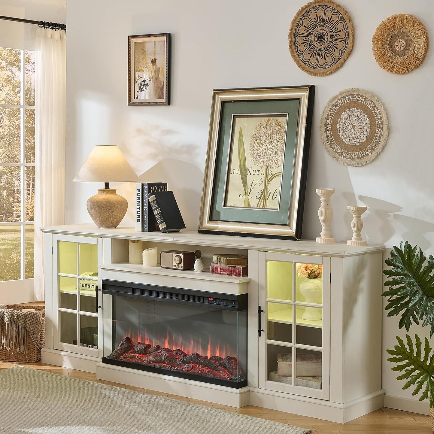 ROCKPOINT 3 Sided Glass 80" Fireplace TV Stand for TVs up to 90", Media Entertainment Center with Glass Door Storage Cabinet for Living Room,36" Electric Fireplace & Adjustable LED Light,White
