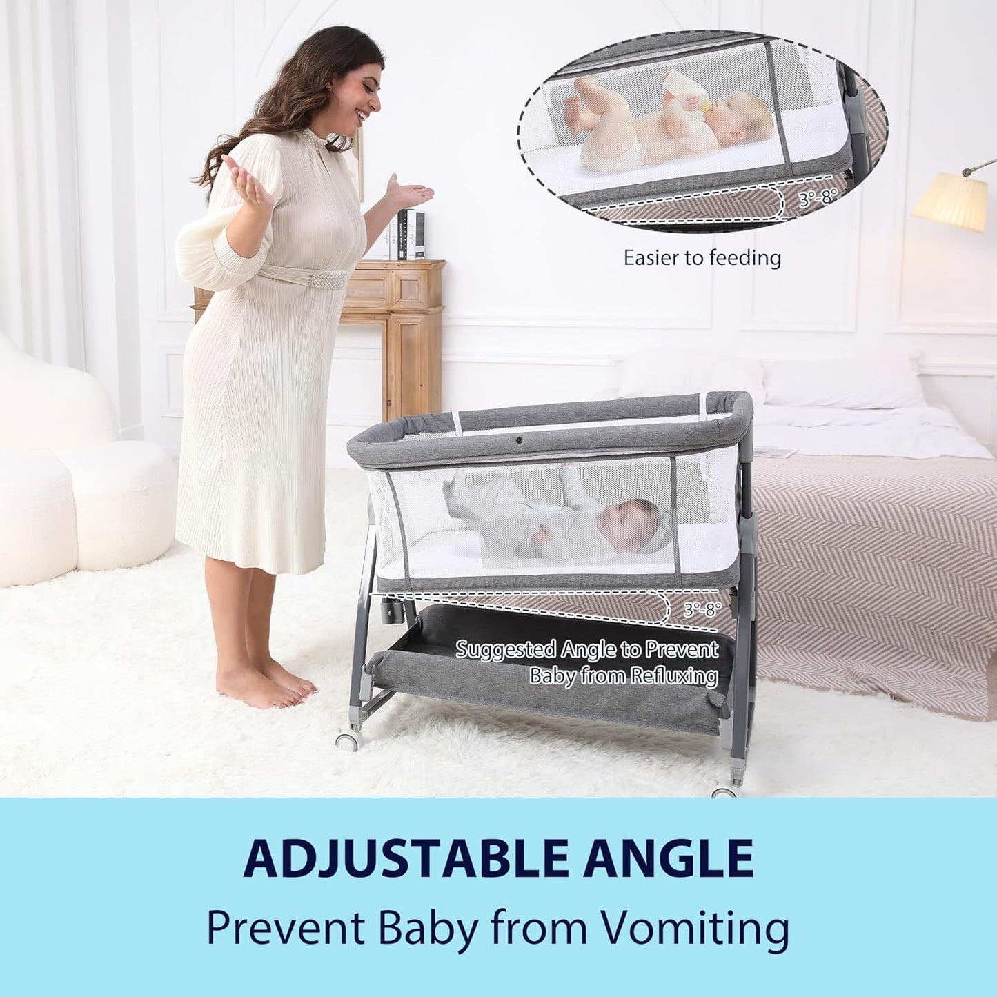 3 in 1 Baby Bassinet Bedside Sleeper with Mattress and Wheels, 5 Height Adjustable Bed Side Bassinets for Newborn, Gray Rocking Bassinet for Baby