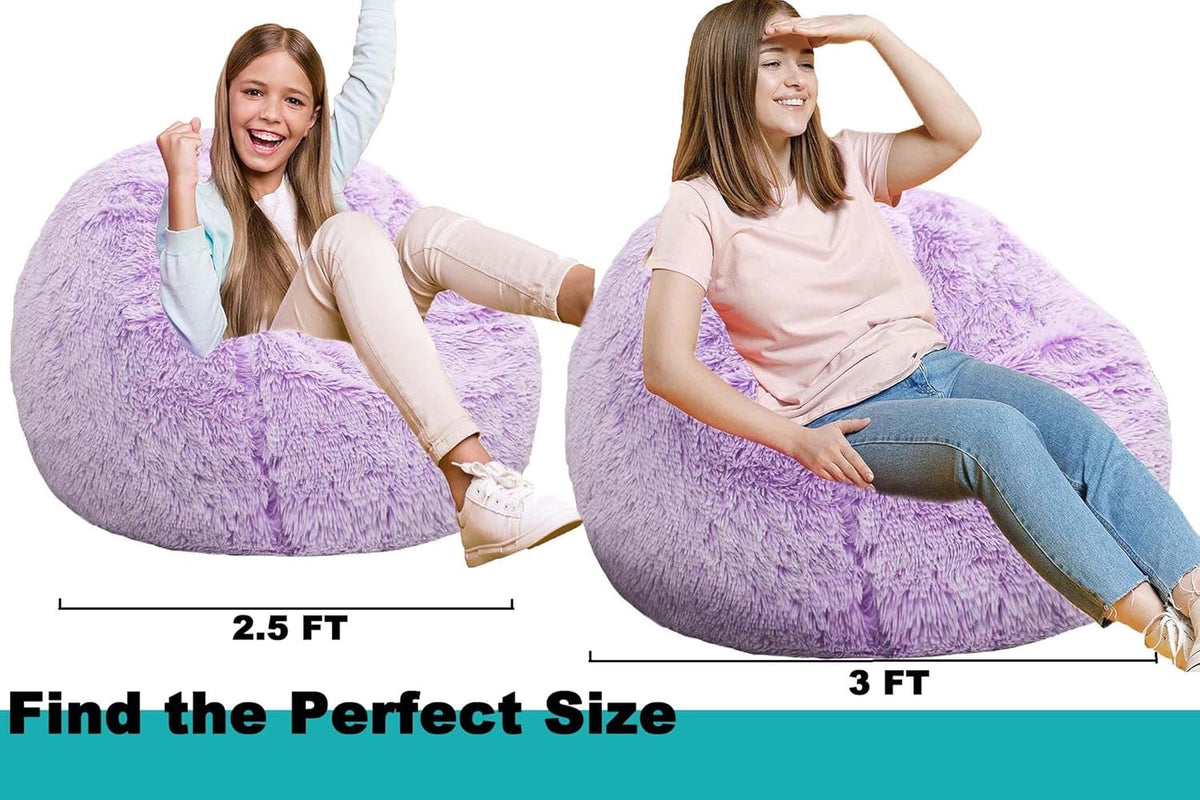 Fluffy Bean Bag Chair, 3FT Round Memory Foam Filled Bean Bag for Teens & Kids, Ultra Soft Faux Fur Fabric Bean Bag Chairs for Playroom, Living Room, Bedroom, Lavender