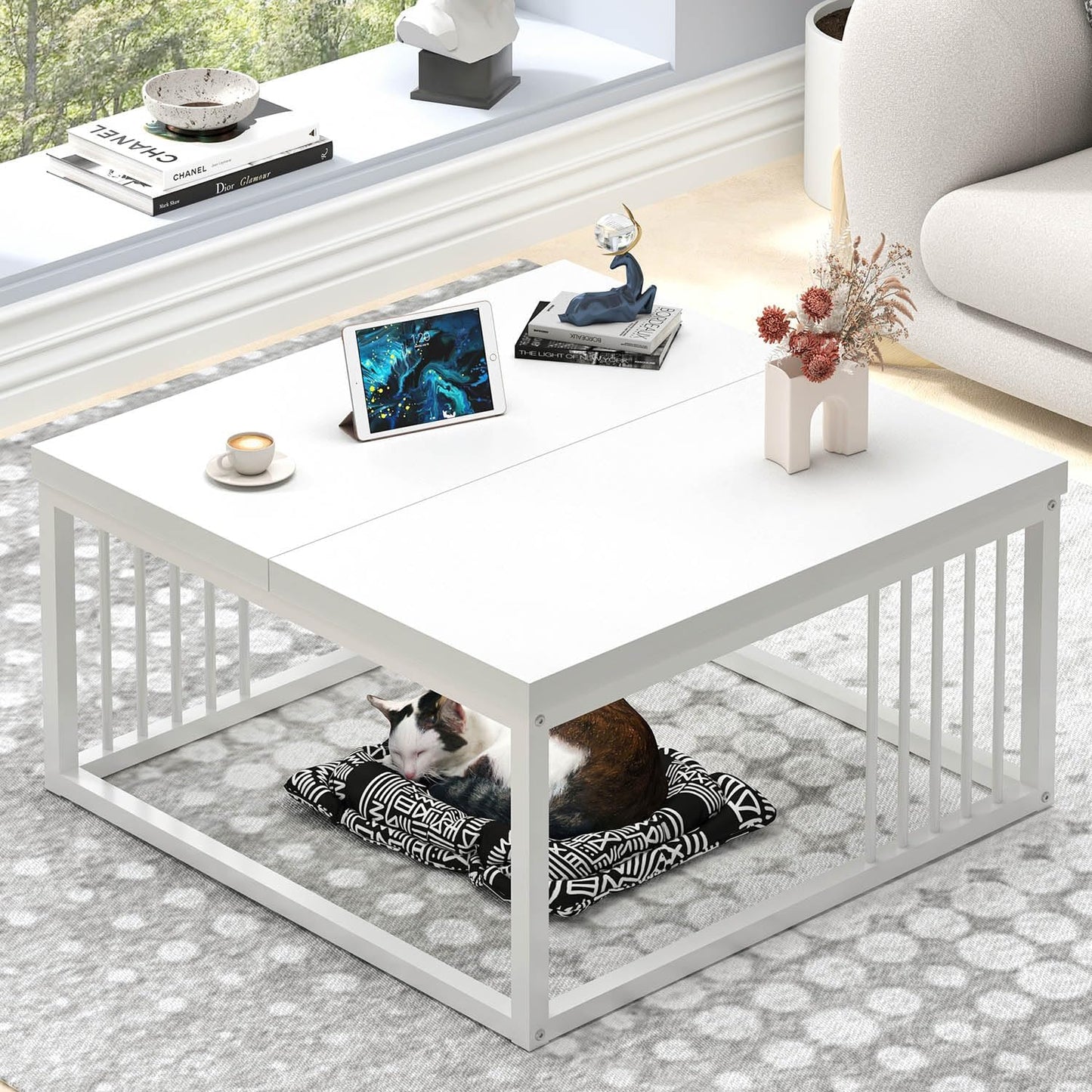 FOLUBAN White Coffee Table, Modern Rustic Wood and Metal Center Table, Industrial Simple Cocktail Tea Table for Living Room, 31.5 Inch